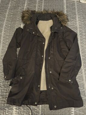 L Tall Women’s Charcoal Hooded Parka Coat with Faux Fur Trim, removable liner